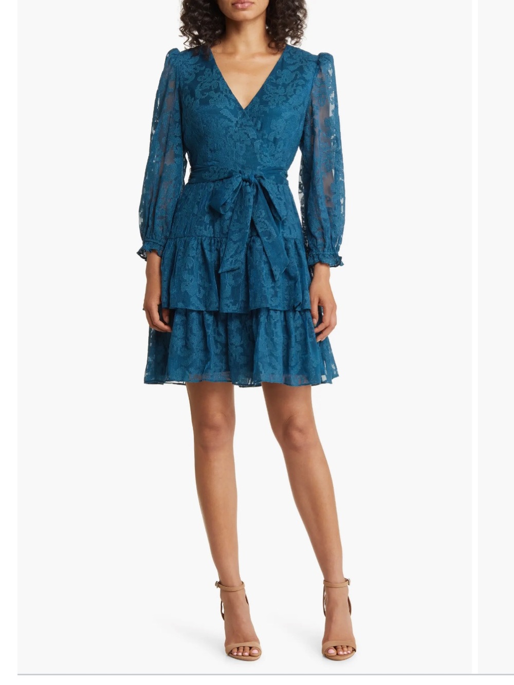 NWOT Eliza J Teal Lace V-Neck Tiered Long-Sleeve Dress